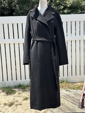 MNG Handmade Black Wool Blend Belted Long Coat Women’s Large